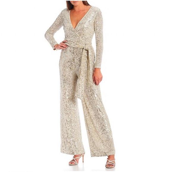 NEW ELIZA J sequin v-neck long sleeve straight leg wrap jumpsuit